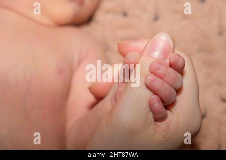 Un nouveau-né tient le doigt de sa mère. Confort et affection, premier-né, parentalité Banque D'Images