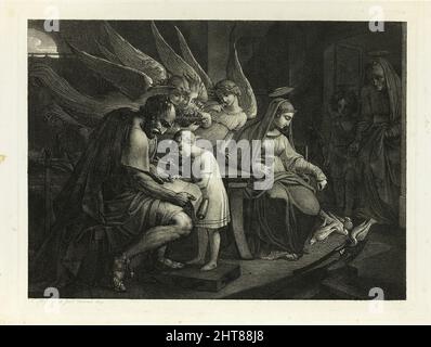 La Sainte famille occupée à la maison: Joseph enseigne au garçon Jésus à lire. Mary nourrit les Pigeons. Elizabeth entre dans la salle avec John, 1809. Banque D'Images