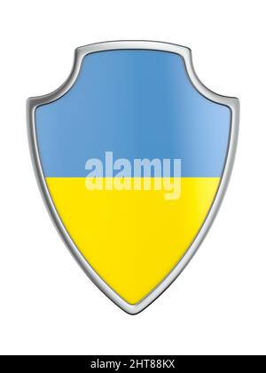 bouclier avec drapeau ukrainien sur fond blanc. Illustration isolée 3D Banque D'Images