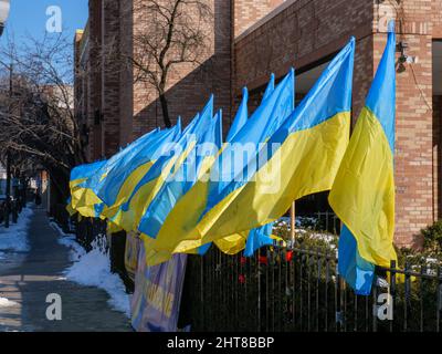 Des drapeaux ukrainiens bordent Chicago Avenue à l'extérieur du centre culturel ukrainien. Village d'Ukranian, Chicago, Illinois. Banque D'Images