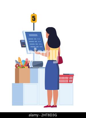 Femme personnage au supermarché Stand à la caisse libre-service avec terminal de PDV pour payer sans espèces pour les achats d'épicerie. Paiement sans contact, contrôle Illustration de Vecteur