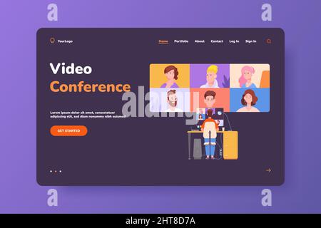 Vidéo de discussion d'hommes d'affaires. Réunion de travail sur les appels en ligne, séminaire en ligne professionnel depuis le bureau à domicile, freelance parlant, illustration vectorielle de la page d'arrivée. Réunion vidéo, travail d'équipe Illustration de Vecteur