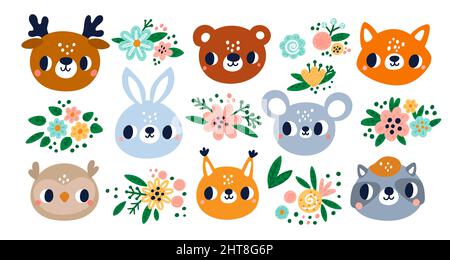 Visages animaux mignons. Petits personnages de forêt. Muzzles amusants. Les créatures sauvages se repoussent avec des fleurs. Cerf et souris. Bouquet de plantes en fleurs. Raton laveur Illustration de Vecteur
