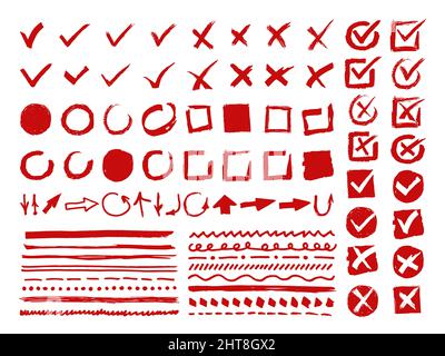 Cocher et souligner les signes. Flèches, croix et cercles rouges dessinés à la main. Icônes de la liste de contrôle et du vote. Diviseurs et directionnels Illustration de Vecteur