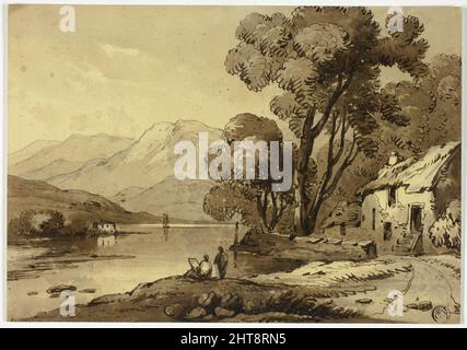 Paysage montagneux avec artiste esquisser dans le foreground, n.d. Banque D'Images