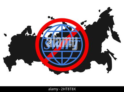 Ukraine, Rivne - février 27 2022 : logo du système financier SWIFT sous le signe d'interdiction rouge avec carte russe en arrière-plan. Sanctions contre Russ Illustration de Vecteur