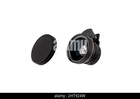 Objectif externe supplémentaire pour smartphone. Petit objectif pour téléphone portable. Photographie mobile. Isoler sur un fond blanc. Banque D'Images