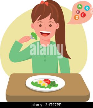 Manger des aliments sains. Fille avec salade dans son assiette. Vitamines, nourriture naturelle et fraîche. Verts, boccoli, tomates. Régime, perte de poids, dîner. Fla de dessin animé Illustration de Vecteur