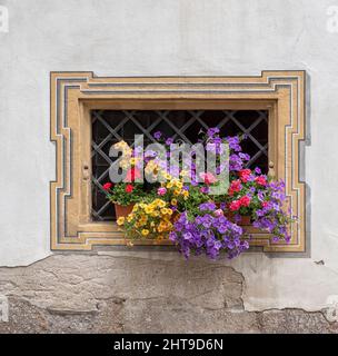 RATISBONNE, ALLEMAGNE - 11 JUILLET 2019 : vue extérieure d'une jolie boîte de fleurs dans une fenêtre ornée dans la vieille ville Banque D'Images