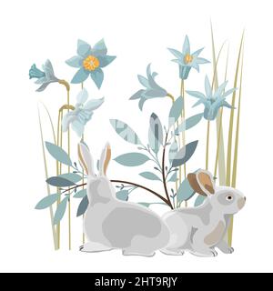 Carte de Pâques Vector. Deux lapins, jonquilles, brindilles et herbes. Illustration de Vecteur