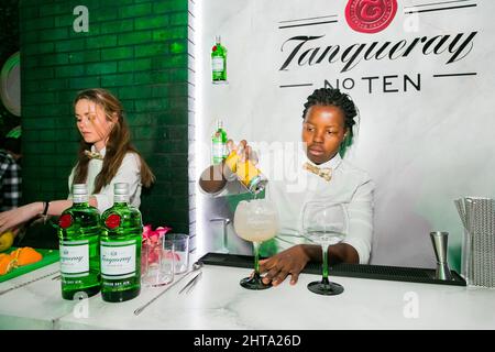 Bar et personnel de marque Tanqueray lors d'un cocktail Banque D'Images