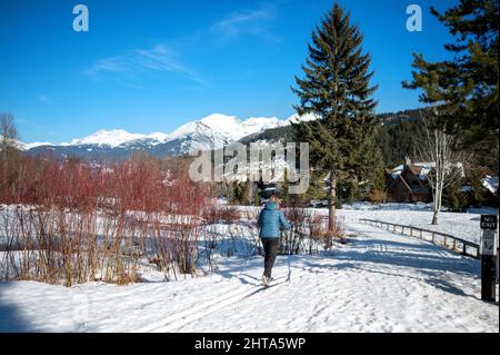 Un ski de fond près du parcours de golf Green Lake Nicklaus North en hiver. Whistler, C.-B., Canada. Banque D'Images