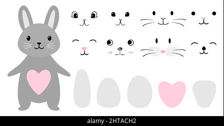 Ensemble petit dessin animé lapin gris pâques mignon. Collection d'objets de conception visages drôles, différentes émotions, les ventre, les yeux, les moustaches, yeux, nez isolés sur fond blanc. Illustration vectorielle Illustration de Vecteur