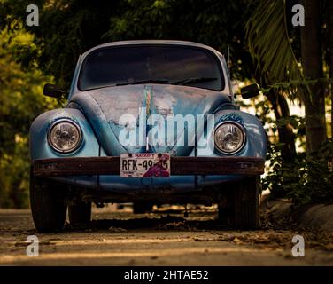 Gros plan de Volkswagen Beetle bleu vintage à Puerto Vallarta Mexique Banque D'Images