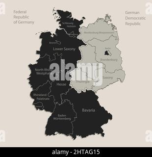 Carte noire de l'Allemagne carte divisée sur l'Allemagne de l'Ouest et l'Allemagne de l'est avec les noms des régions, dessin noir vecteur de tableau Illustration de Vecteur