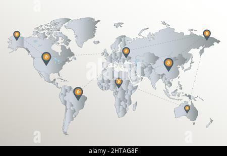 Carte du monde, réseau bitcoin et pointeur de localisation, papier blanc bleu carte 3D vecteur Illustration de Vecteur