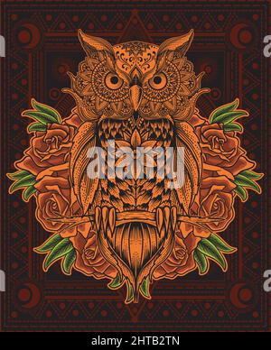 Illustration vecteur hibou oiseau mandala zentangle avec fleur rose Illustration de Vecteur