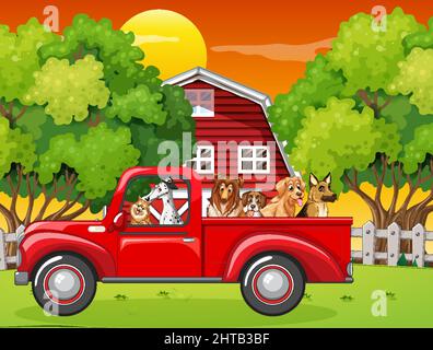 Beaucoup de chiens sur camion rouge dans l'illustration de ferme Illustration de Vecteur