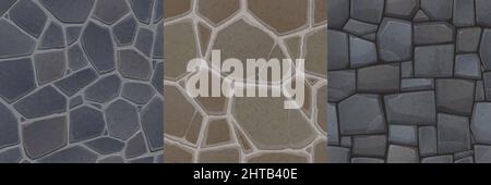 Textures de sol en pierre et mur pour l'arrière-plan du jeu. Dessin animé vectoriel motifs sans couture de la vue de dessus de la chaussée ou du carré avec des pavés et des blocs de granit dans le béton Illustration de Vecteur