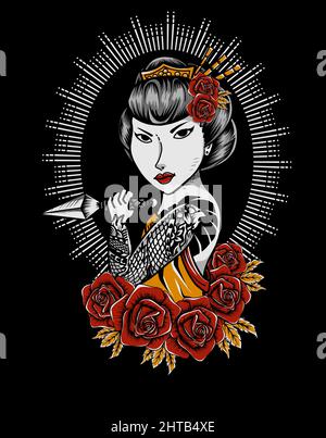 illustration vecteur geisha femme avec fleur rose Illustration de Vecteur