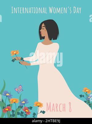 Femme avec cueillette de fleurs, carte postale pour la Journée internationale des femmes. Illustration vectorielle Illustration de Vecteur