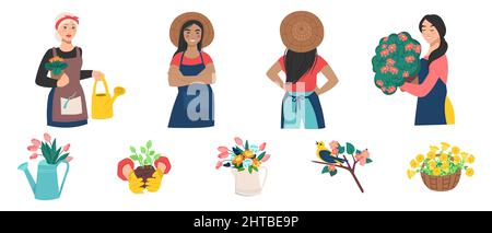 Femmes fleuristes s'occupant des fleurs et du jardin. Gants et outils de jardin, plantes de printemps et fleurs. Illustration vectorielle Illustration de Vecteur