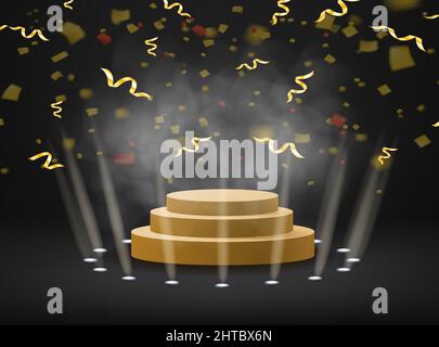 Podium avec des rayons de projecteurs pour la cérémonie de remise des prix vainqueur avec fumée, confetti. Concept de plate-forme Gold. Illustration vectorielle Illustration de Vecteur