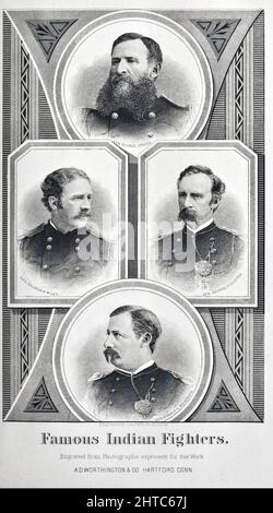 Portraits gravés en acier de célèbres combattants indiens LE GÉNÉRAL GEORGE CROOK, LE GÉNÉRAL NELSON A. MILES, LE GÉNÉRAL GEORGE A. CUSTER, LE GÉNÉRAL RANALD S. MACKENZIE pris de photographies, et gravés sur acier par J. A. J. Wilcox, Boston, Messe du livre « nos Indiens sauvages; Trente-trois ans d'expérience personnelle parmi les hommes rouges du grand Ouest ' par Richard Irving Dodge, Richard Irving Dodge (19 mai 1827 – 16 juin 1895) était un colonel de l'armée des États-Unis. Dodge est né en Caroline du Nord[1] et est mort après une longue et réussie carrière dans l'armée américaine. Il a commencé comme cadet en 1844 et a pris sa retraite Banque D'Images