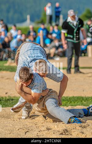 Gros plan d'un combat intense de lutteurs suisses au nos 2012 à Silvaplana, Suisse Banque D'Images