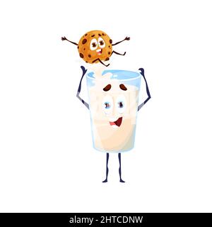 Verre de lait et personnages de dessin animé de cookie. Tasse à motif vectoriel gai avec de mignons personnages de pâtisseries, dessert ensoleillé et boisson laitière. Kawaii isolé amis bonheur et réjouissez emoji Illustration de Vecteur