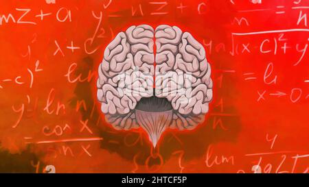 Cerveaux sur fond rouge, formules mathématiques, tâches logiques Banque D'Images