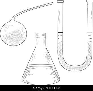 Flacons, béchers et tubes à essai en verre pharmaceutique Vector dans un style de gravure ancien. Esquisse d'une expérience et d'un équipement de laboratoire physique ou chimique. Illustration de Vecteur