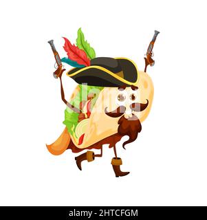 Personnage de capitaine de pirate mexicain de tacos de dessin animé. Vector corsair tex mex Food Personage porter un chapeau coqué avec des plumes et des fusils dans les mains. Repas drôle du Mexique, jeu ou livre plat de fastfood à l'entorrée Illustration de Vecteur