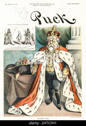 Une illustration d'Edward VII, roi de Grande-Bretagne, du magazine Puck américain du début du 20th siècle, peu après avoir pris le trône. Un encart montre une caricature de Louis XIV, avec une citation de l'auteur britannique, William MakePeace Thackeray.'vous voyez immédiatement que la majesté est faite de la perruque, les chaussures à talons hauts et le manteau, tous les fleurs de lis assiégés....ainsi les barbiers et les pavés font les dieux que nous adorons.' Banque D'Images