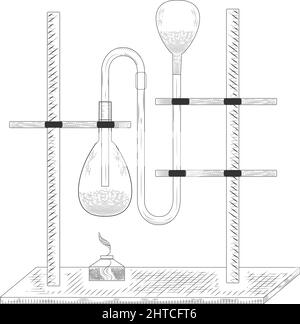 Flacons, béchers et tubes à essai en verre pharmaceutique Vector dans un style de gravure ancien. Esquisse d'une expérience et d'un équipement de laboratoire physique ou chimique. Illustration de Vecteur