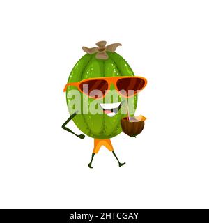 Caricature gaie feijoa caractère boire un cocktail de noix de coco. Vector fruits tropicaux, short de bain et lunettes de soleil frais pour les plantes fraîches, détendez-vous sur la plage ou à la piscine. Drôle de personnage en vacances avec une boisson Illustration de Vecteur