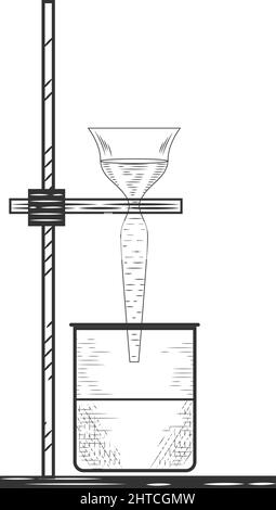 Flacons, béchers et tubes à essai en verre pharmaceutique Vector dans un style de gravure ancien. Esquisse d'une expérience et d'un équipement de laboratoire physique ou chimique. Illustration de Vecteur