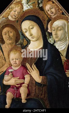 Madonna et l'enfant avec les saints Sebastian, Catherine de Sienne et deux anges, c. 1480. Trouvé dans la Collection de l'Accademia Carrara, Bergame. Banque D'Images