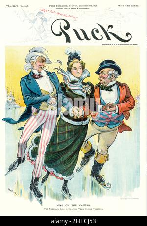 Une illustration du 19th patinage sur glace de l'oncle Sam et de John Bull dans le magazine American Puck de la fin du siècle avec une jeune femme nommée « American Girl » entre eux. Évocation de la relation spéciale entre les États-Unis et la Grande-Bretagne. Banque D'Images