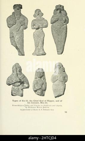 Les types d'idoles d'en-lil, (Enlil, plus tard connu sous le nom d'Elil) le Dieu principal de Nippur, et de son Consort Nin-lil (Ninlil) un ancien dieu mésopotamien associé au vent, à l'air, à la terre et aux tempêtes. Il est d'abord attesté comme la divinité principale du panthéon sumérien, mais il a été plus tard adoré par les Akkadiens, les Babyloniens, les Assyriens et les Hurrians. Le principal centre de culte d'Enlil était le temple d'Ekur dans la ville de Nippur, qui aurait été construit par Enlil lui-même et était considéré comme la « corde d'amarrage » du ciel et de la terre. Du livre « mythes et légendes de Babylonia & Assyria » de Lewis SPE Banque D'Images