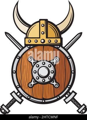 Casque Viking, bouclier en bois rond et illustration vectorielle épées croisées Illustration de Vecteur
