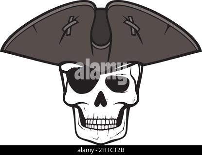 Crâne de pirate avec chapeau triangulaire et illustration vectorielle de patch pour les yeux Illustration de Vecteur