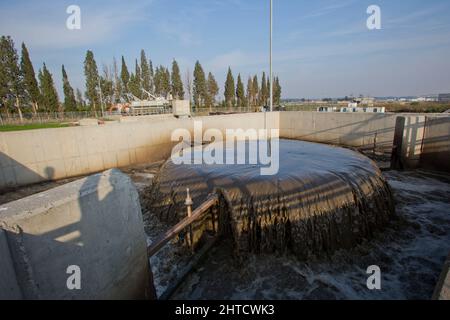 Bassins de sédimentation secondaires les boues sont éliminées pour le traitement des boues. Installation de traitement des eaux usées. L'eau traitée est ensuite utilisée pour l'irrigation Banque D'Images