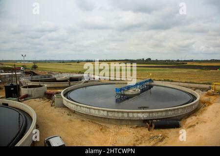 Bassins de sédimentation secondaires les boues sont éliminées pour le traitement des boues. Installation de traitement des eaux usées. L'eau traitée est ensuite utilisée pour l'irrigation Banque D'Images