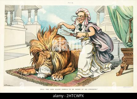 Une illustration du magazine américain Puck de la fin du 19th siècle de Joseph Chamberlain tenant une paire de ciseaux étiquetés "protection" et est sur le point de couper la manie étiquetée "libre-échange" du lion britannique. Banque D'Images
