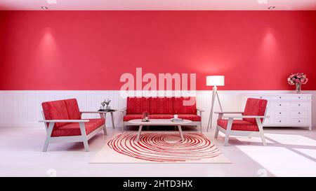 Intérieur de salon en rouge thème pour la Saint-Valentin avec espace de copie sur mur vide, 3D rendu Banque D'Images