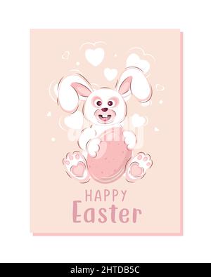 Carte de vœux de Pâques avec un joli lapin et un œuf de dessin animé. Affiches de Pâques aux couleurs pastel. Illustrations vectorielles d'oreilles de lapin et de queue de lapin. Illustration de Vecteur