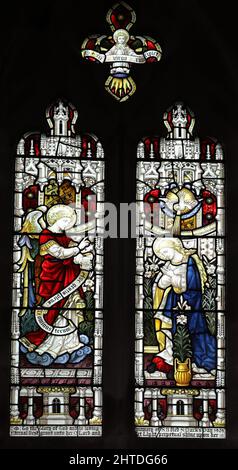 Vitraux de Heaton, Bulter & Bayne, représentant l'annonce à la Vierge, l'église Saint-Laurent, Stretton Grandison, Herefordshire Banque D'Images