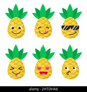 Ensemble d'émoticônes d'ananas. Icônes de style kawaii, personnages de fruits. Illustration vectorielle de style dessin animé à plat. Ensemble de sourires ou émoticônes amusants. Bien Illustration de Vecteur