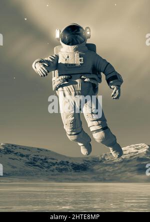 astronaute d'une autre planète marchant sur le lac de glace pour découvrir tout autour de la vue portrait, illustration 3d Banque D'Images